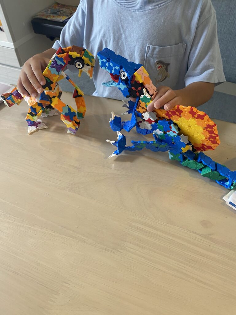 LaQで作った恐竜や動物の作品を使って遊ぶ5歳の子ども