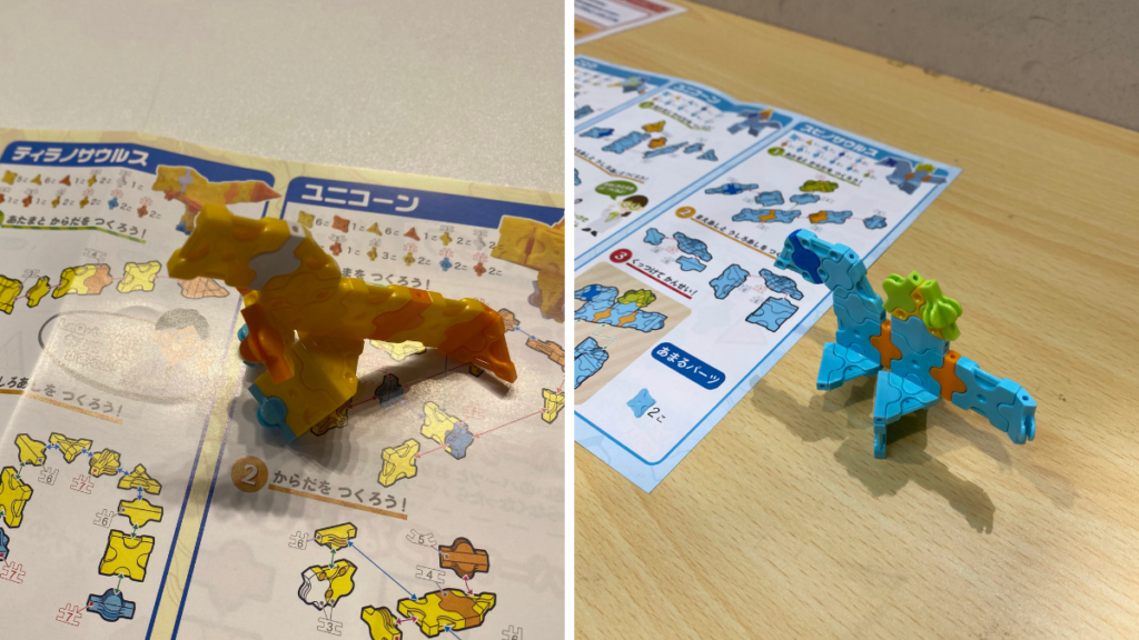 LaQイベントで作った黄色のティラノサウルスと水色のスピノサウルス