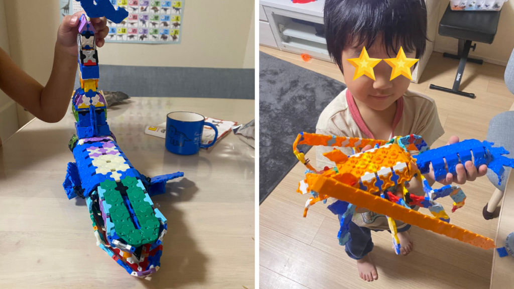 息子が作ったLaQのクジラや伊勢エビなどの作品