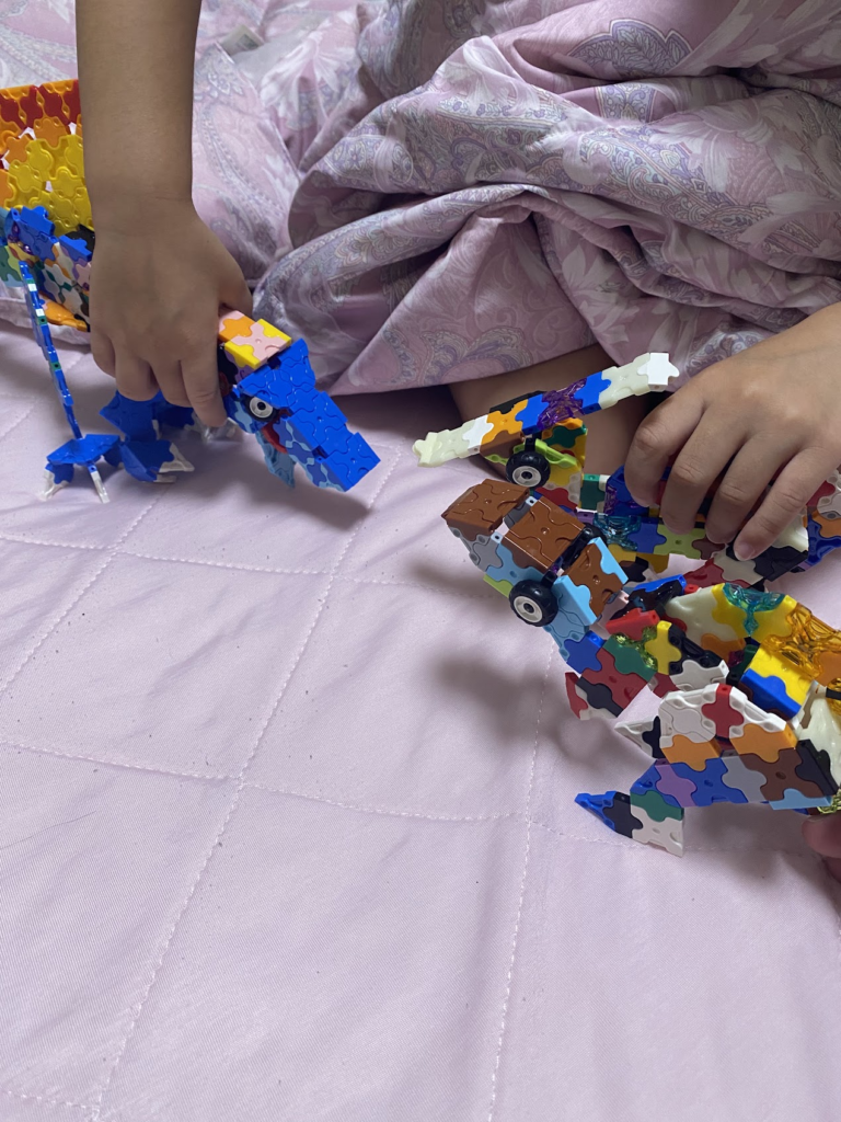 LaQで作品を動かして遊ぶ5歳の息子