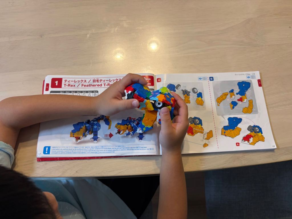 LaQの本を見ながら恐竜を作る5歳の息子